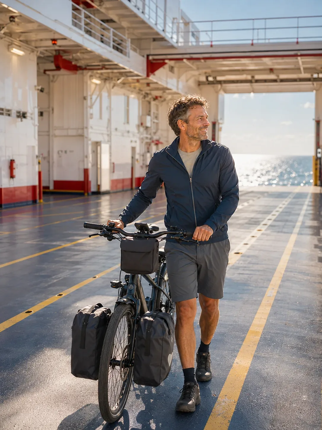 Radfahrer mit Tourenrad an Bord der Scandlines-Fähre Puttgarden nach Rødbyhavn — Tagestour nach Dänemark vom Strandhotel Garni Fehmarn.