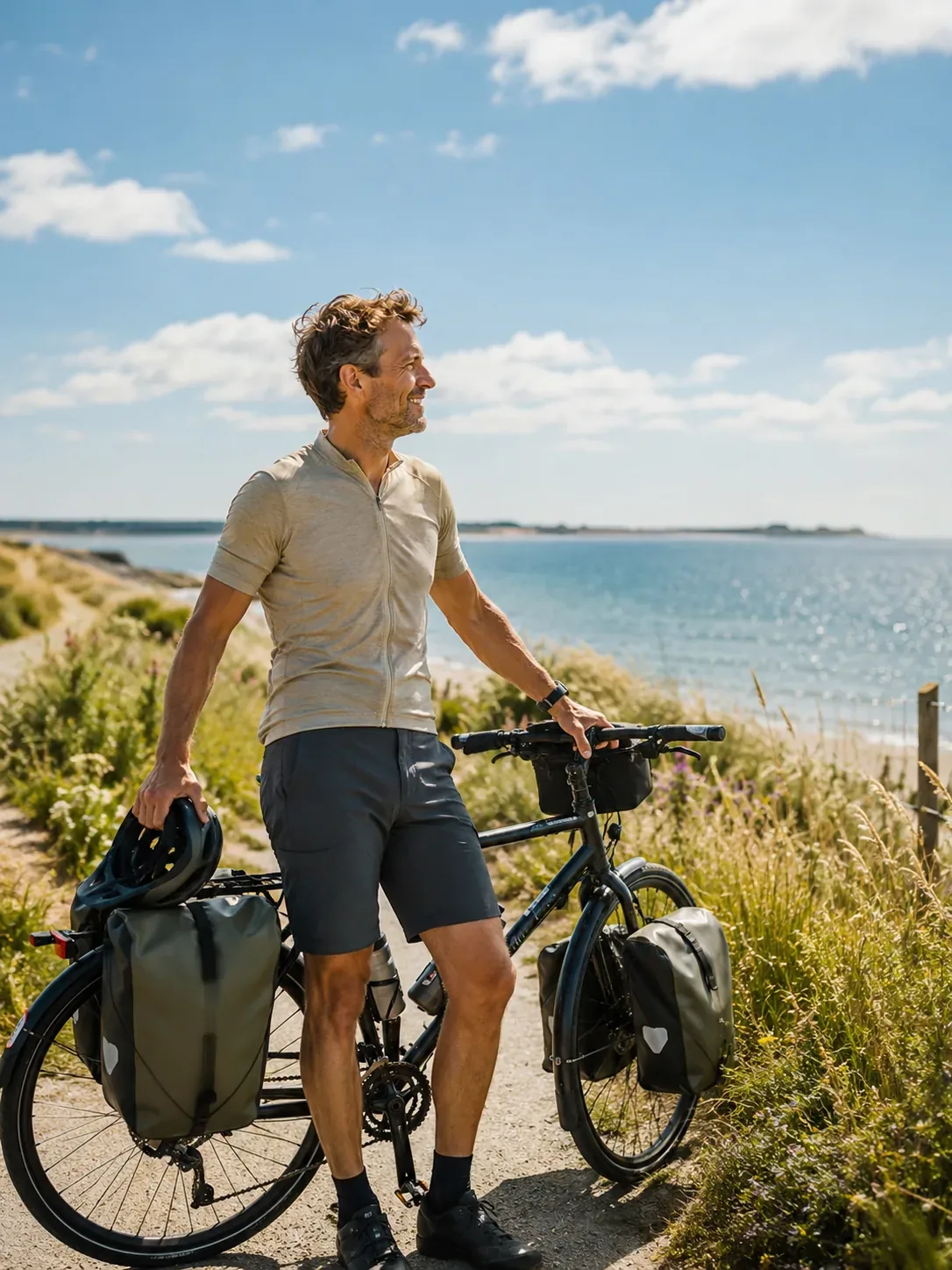 Radreisender mit Tourenrad auf dem Ostseeküstenradweg (EuroVelo 10) auf Fehmarn — Etappenziel Strandhotel Garni Fehmarn.