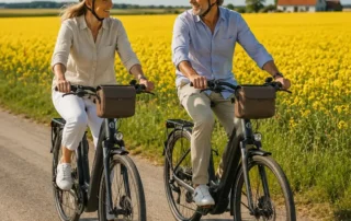 Fehmarn mit dem Rad: zwei Radfahrer vor einem Rapsfeld mit Haus unter blauem Himmel