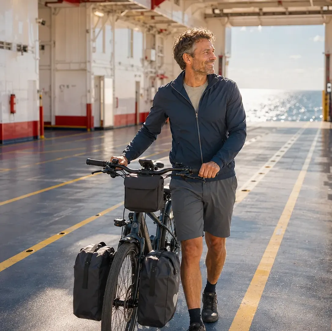 Mit dem Rad nach Dänemark: Mann mit Fahrrad an Bord einer Fähre, im Hintergrund das Meer