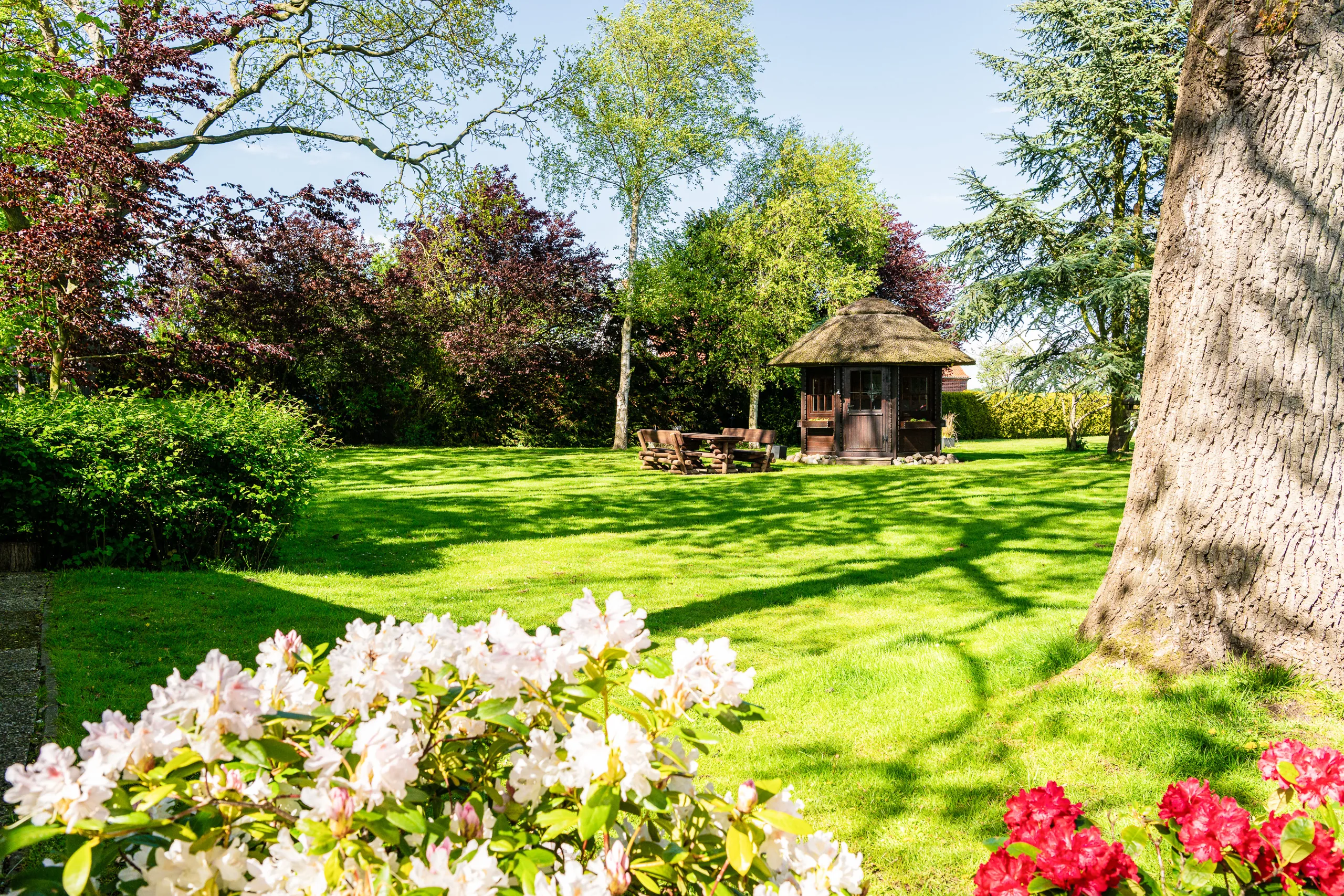 strandhotel-garni-fehmarn-garten-pavillon-rhododendron-9143 Garten des Strandhotels Garni Fehmarn — mit Pavillon und blühendem Rhododendron.